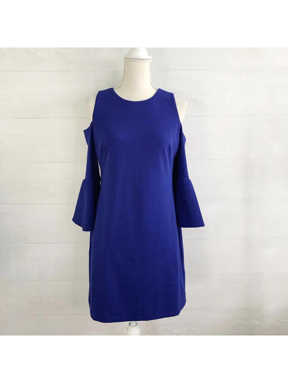 Eliza J Blue Cold Shoulder Bell Sleeve Sheath Dress 8P Petite Stretch